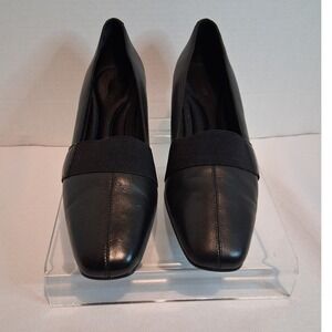 Liz Baker Women's Black Leather Square Toe Block Heel Pumps Elastic Band Size 8